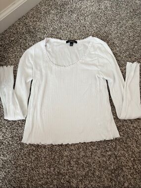 White Ribbed Long-Sleeve Scoop Neck Top